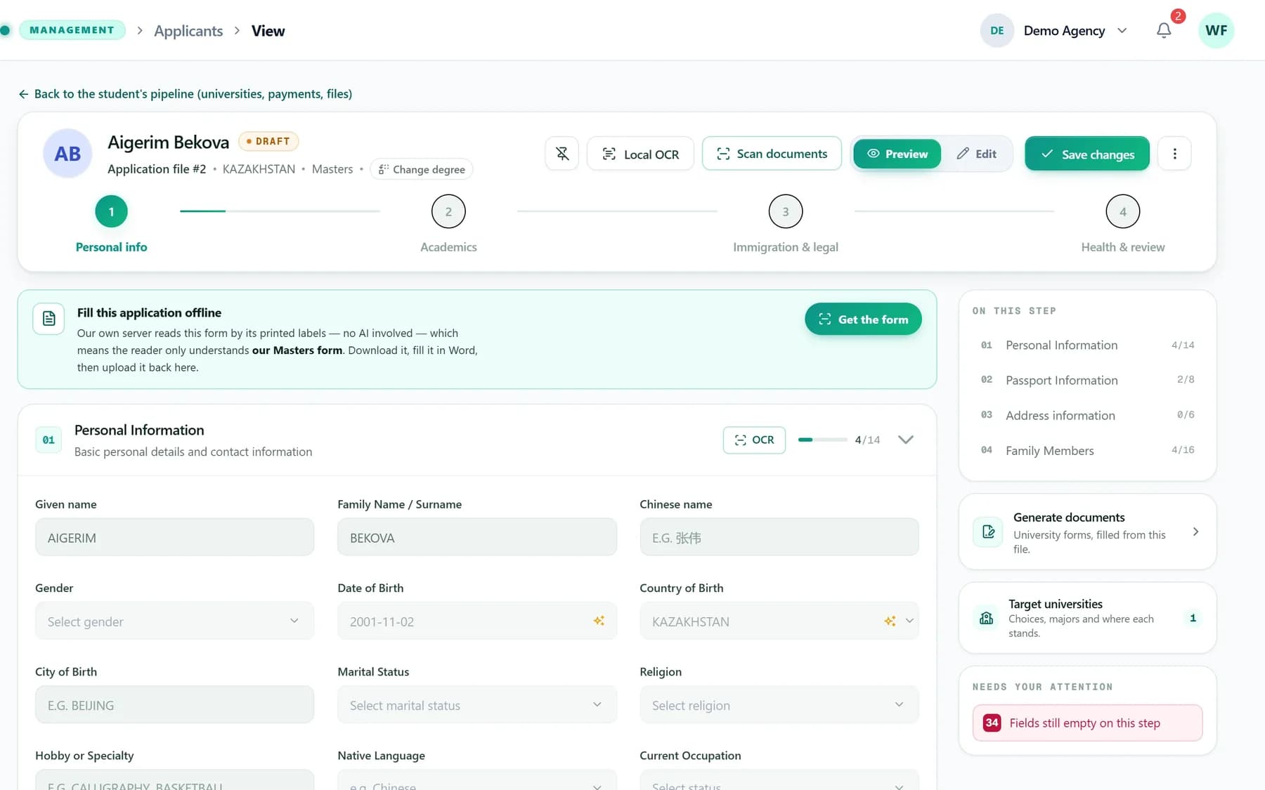 Aigerim Bekova's application form: Scan documents and Local OCR at the top, the four steps, and the personal information section.
