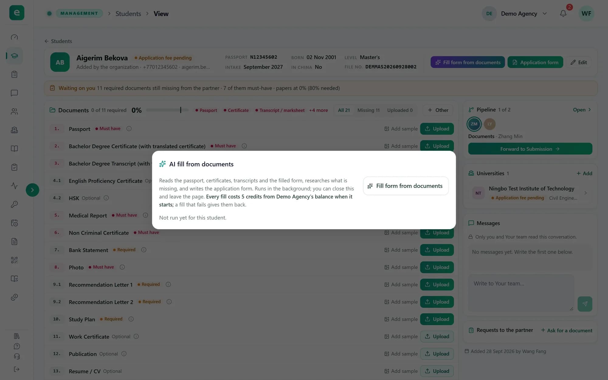 The AI fill from documents window on a student's page: what the fill reads, that every fill costs 5 credits from Demo Agency's balance and a failed fill gives them back, and the Fill form from documents button.