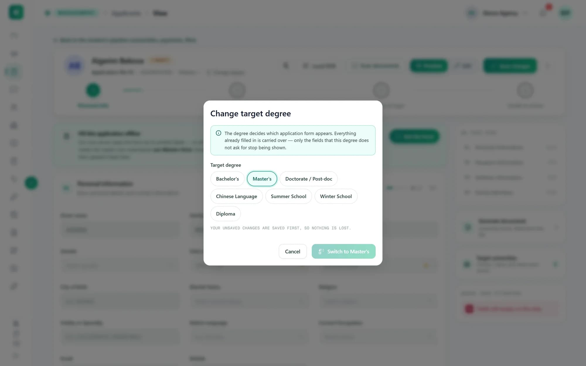 The Change target degree dialog with seven degrees to choose from, Master's selected, and a Switch to Master's button.