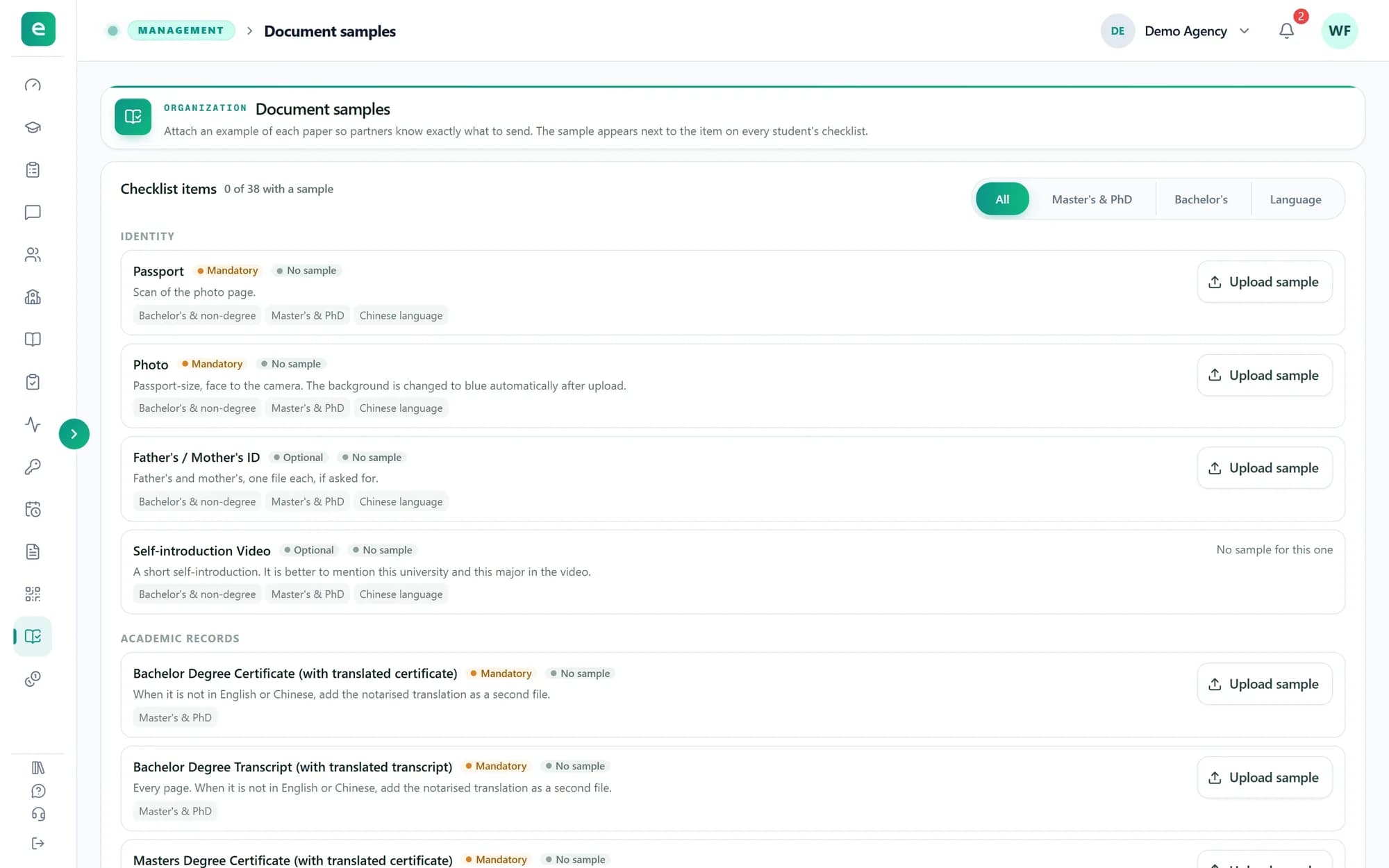 The Document samples page: checklist items such as Passport, Photo and degree certificates, each marked Mandatory or Optional, with an Upload sample button and a filter for Master's & PhD, Bachelor's and Language.