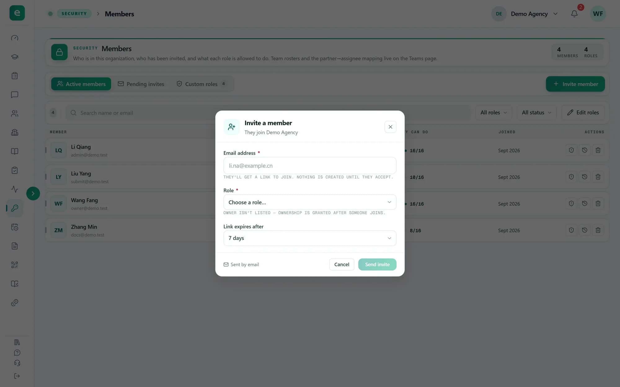 The Invite a member dialog: Email address, Role set to Choose a role, Link expires after set to 7 days, and the Send invite button.