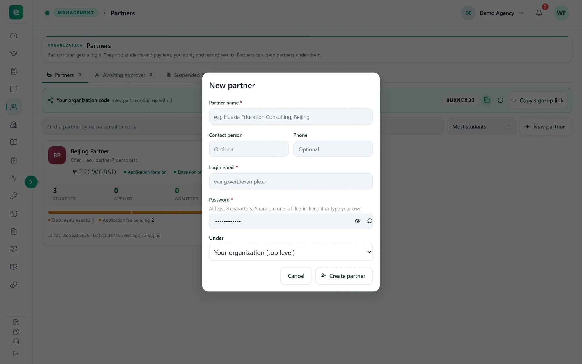 The New partner dialog: Partner name, Contact person, Phone, Login email, a generated Password, and Under set to Your organization (top level).