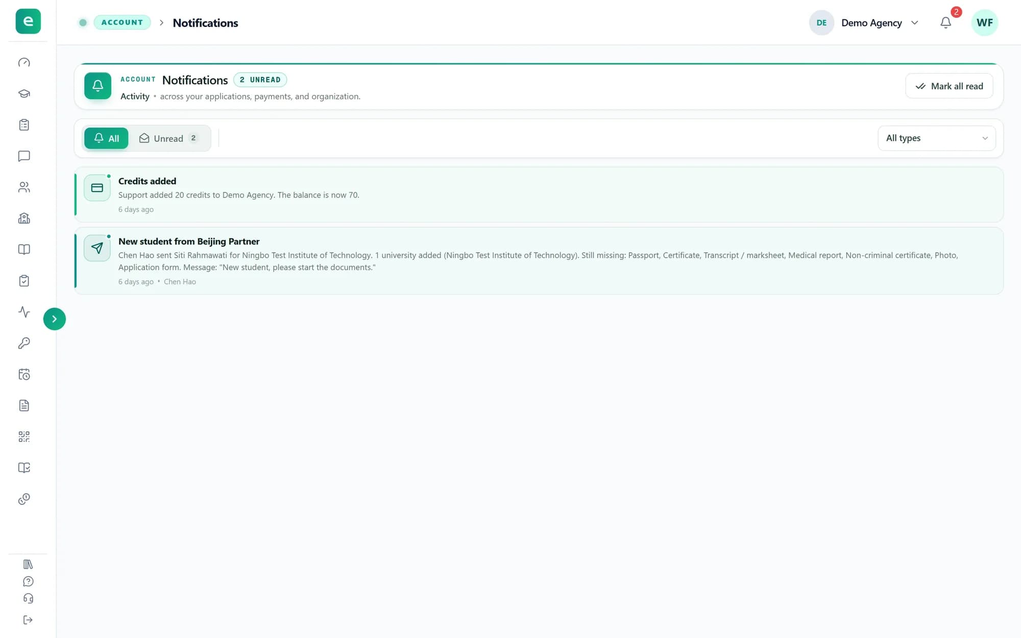 The Notifications page with a Credits added notification: support added 20 credits to Demo Agency and the balance is now 70.