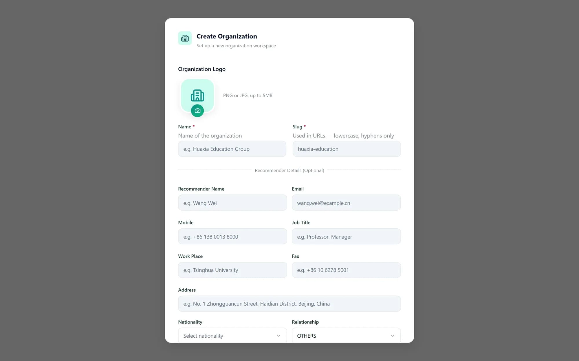 The Create Organization form: Organization Logo, Name, Slug, and the optional Recommender Details such as name, email, mobile, job title, work place, fax and address.