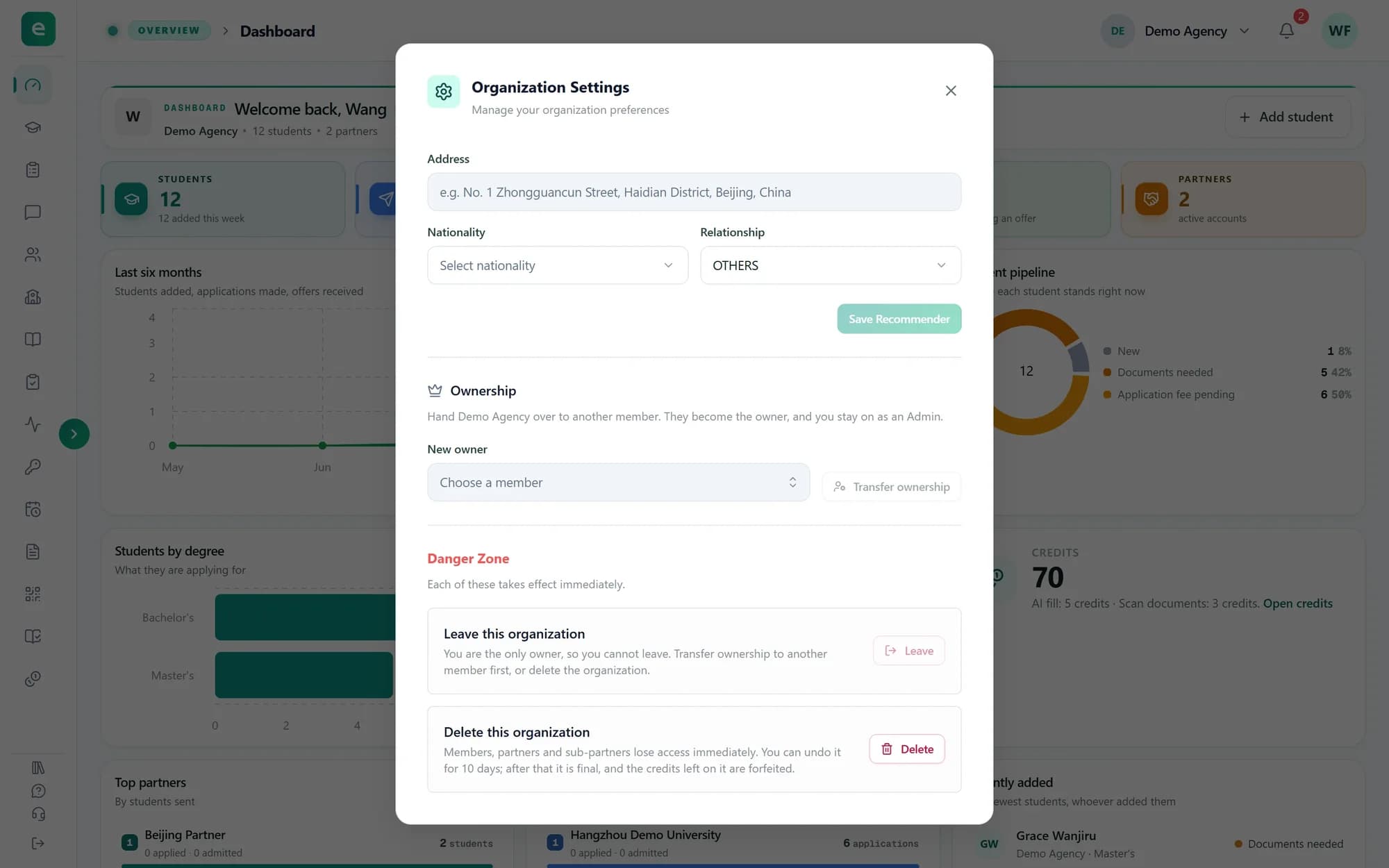 The lower part of Organization Settings: Ownership with New owner and Transfer ownership, and the Danger Zone with Leave this organization and Delete this organization.