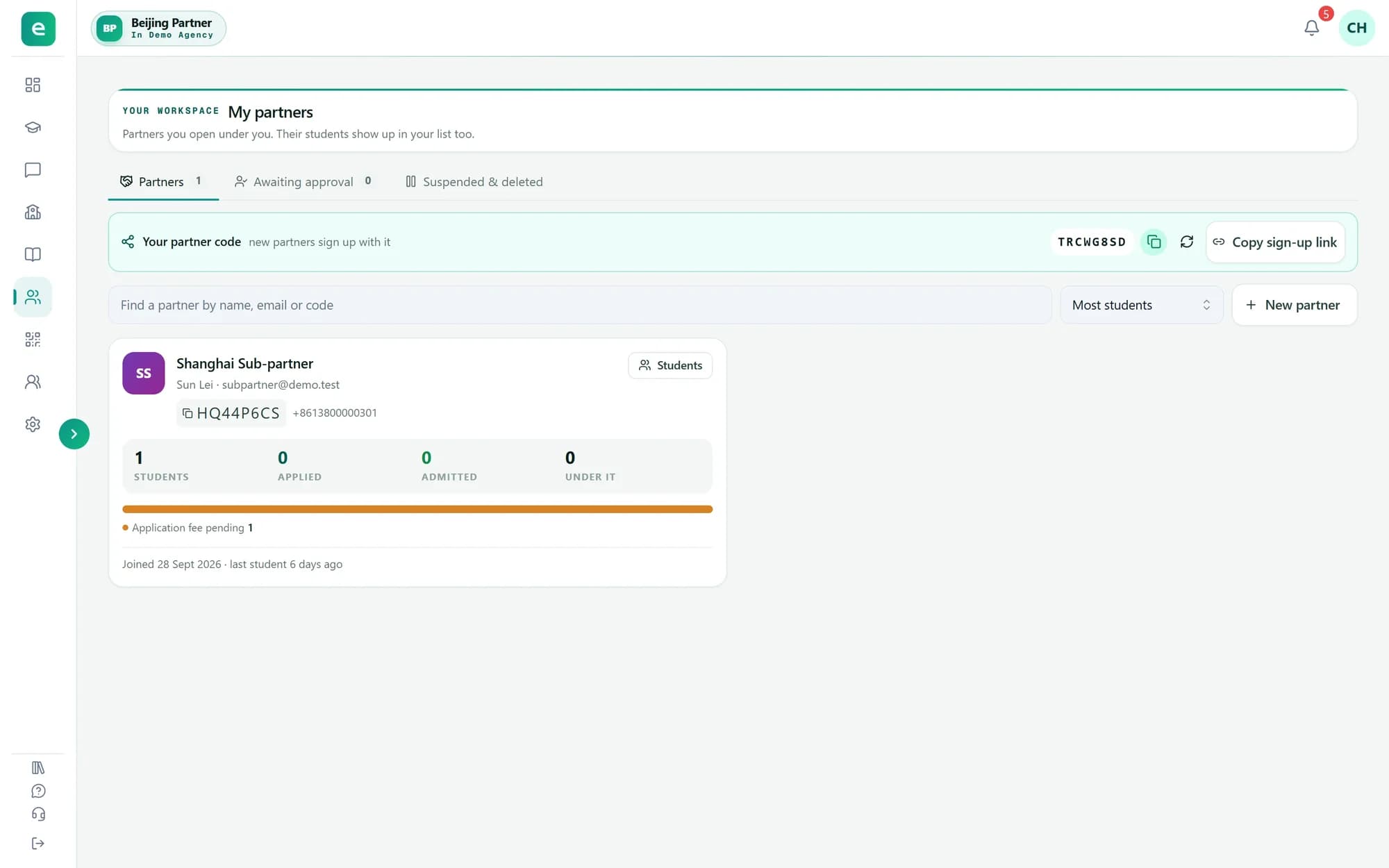The My partners page: Your partner code with Copy sign-up link, a New partner button, and a card for Shanghai Sub-partner with its code and counts.