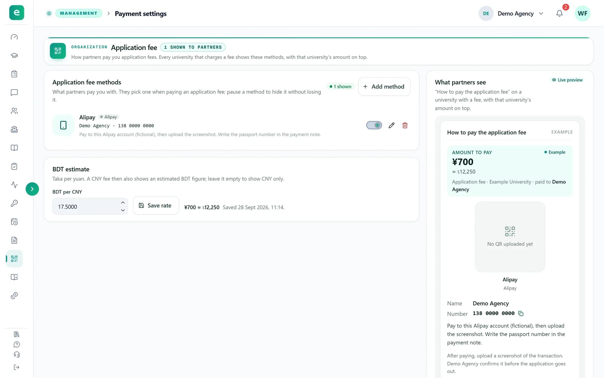 The Application fee page: an Alipay method with its switch, edit and delete buttons, a BDT per CNY rate with Save rate, and a live preview of what partners see when they pay.