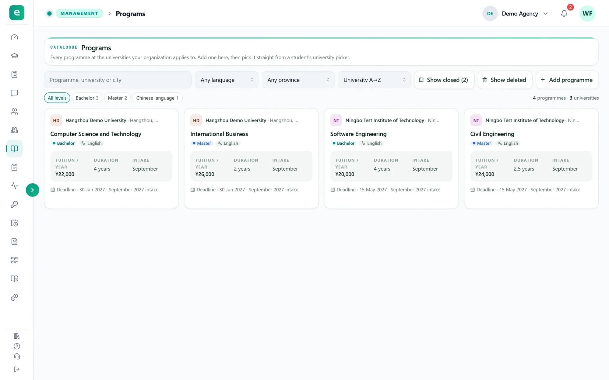 The Programs page: level filters, Show closed, Show deleted and Add programme, and four programme cards with tuition, duration, intake and deadline.