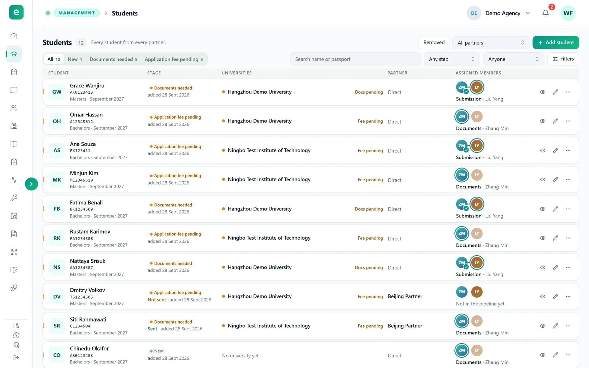 The Students list: the stage tabs All, New, Documents needed and Application fee pending, the search box, partner, step and member filters, and rows with universities, partner and assigned members.